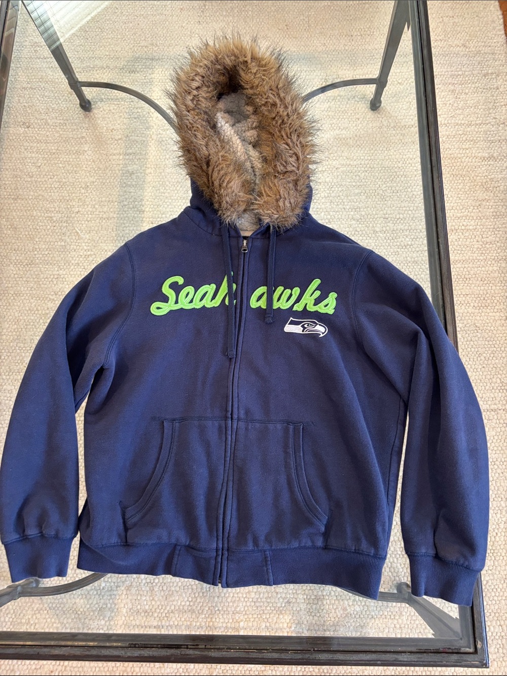 NFL Navy Zip-Up Hoodie with Faux-Fur Hood and Neon Green Script